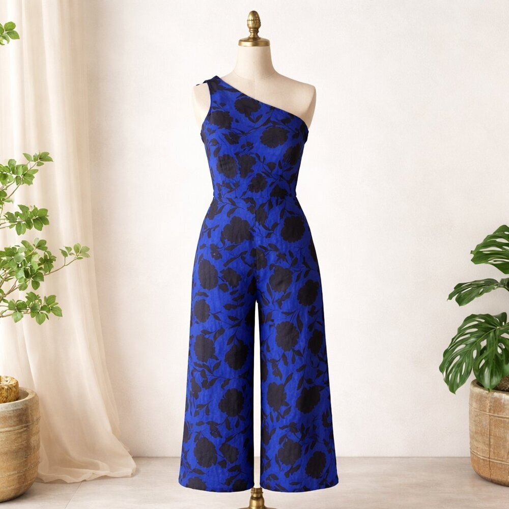 One-Shoulder Floral Wide-Leg Jumpsuit in Royal Blue and Black
